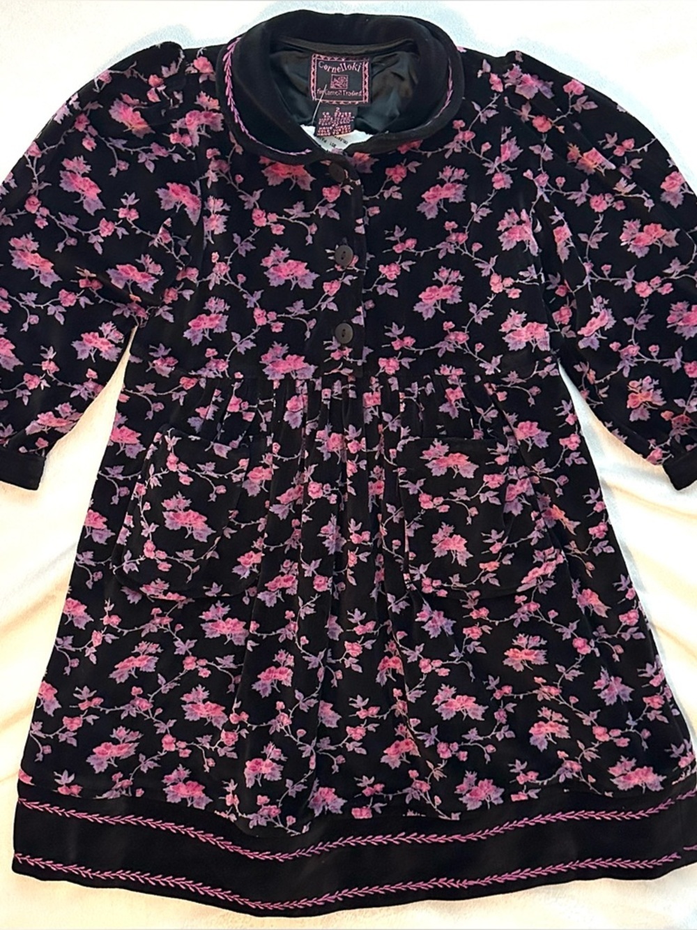 Vintage Cornelloki Cornell Trading Collared Velour Pink Floral Black Dress 2T